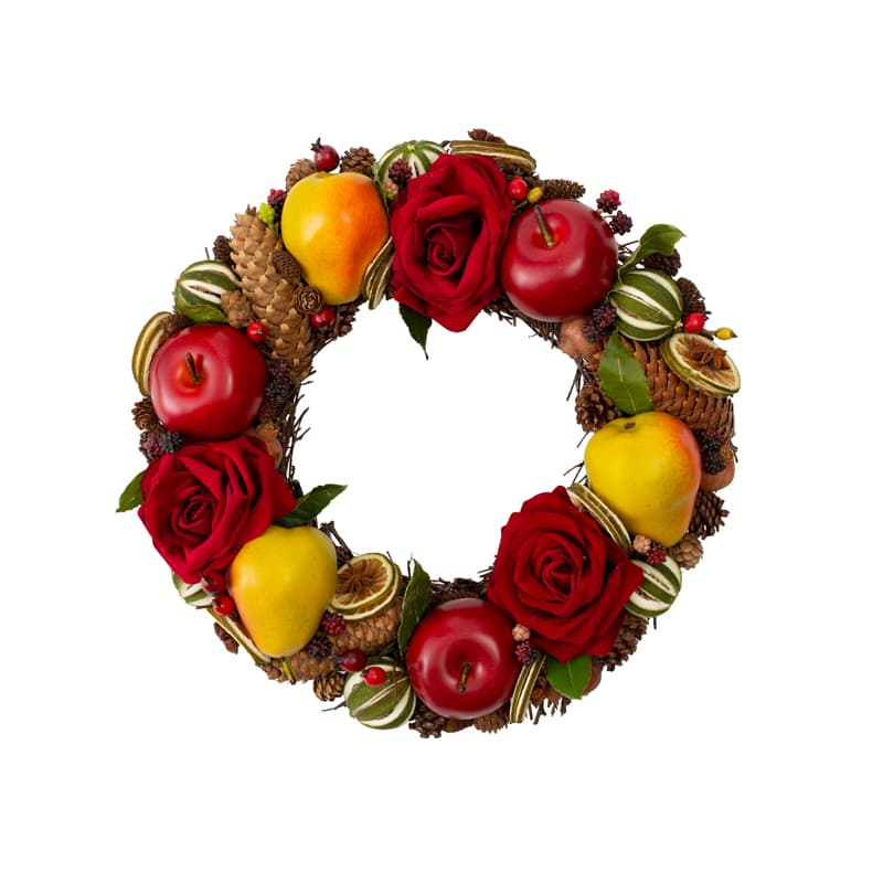 Xmas circular wreath of red apples, yellow pears, green limes and pine coats.
